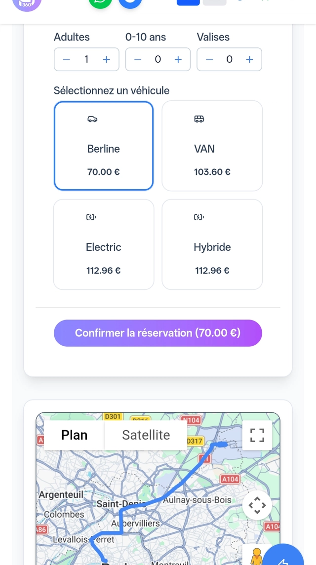 Écran de réservation BookCab : choix du véhicule et confirmation de course sur mobile