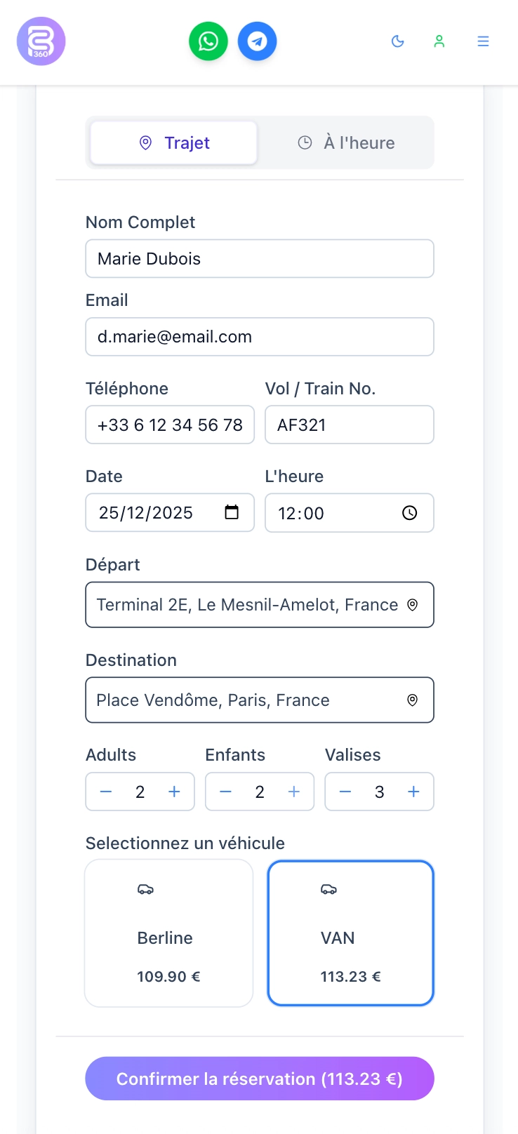 Interface de réservation VTC