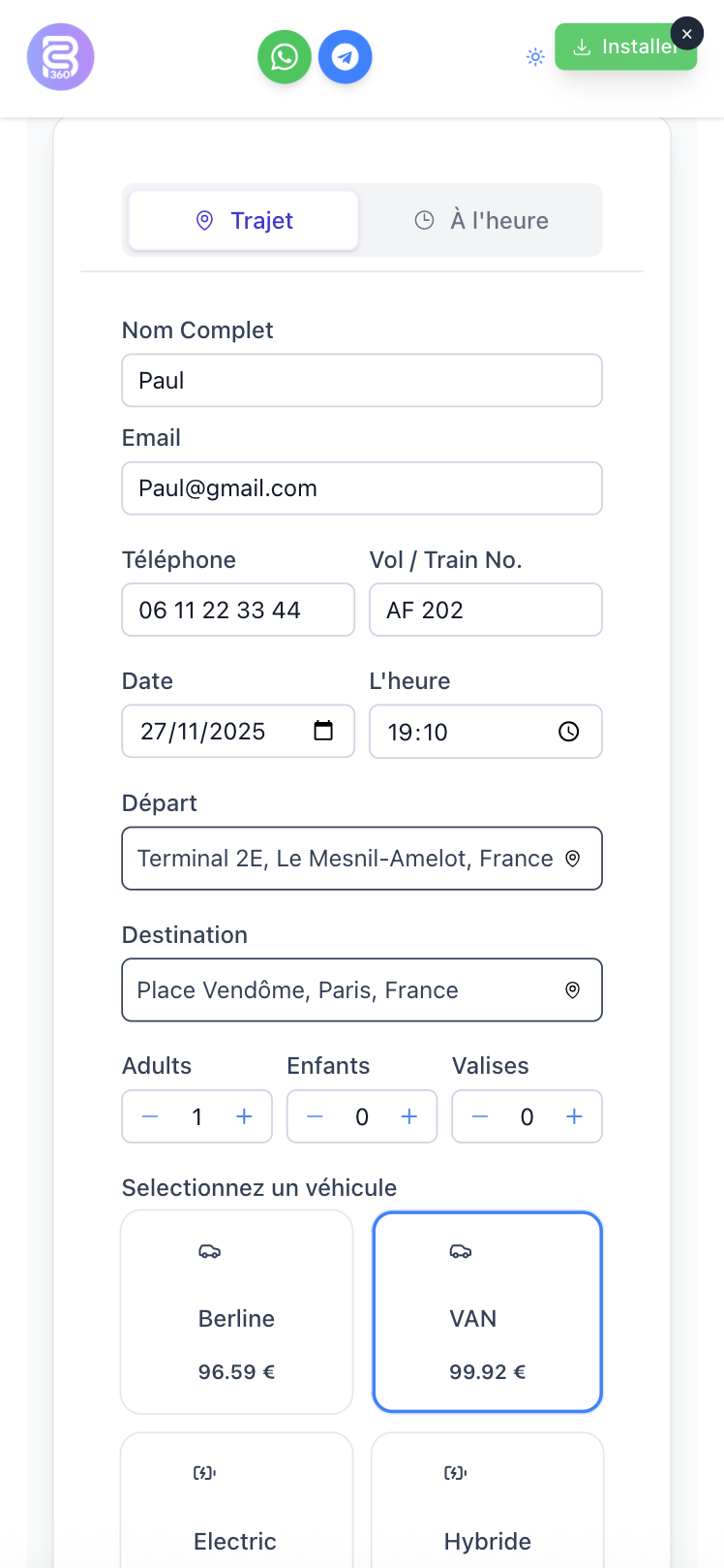 Interface de réservation VTC